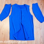 Make a cut up the center front of the shirt. Cut the sleeves off by cutting along the bottom seam and up around the arm seam. 