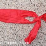 Using a red square bandana from Michaels, cut the fabric square in half. With right sides together sew the shortest sides together to form a long strip. Fold over and sew all the outside edges of the fabric. Create shallow folds along the entire vertical length and sew them down so the bandana has a pleated look. 